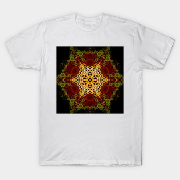 Dot Mandala Flower Yellow Red and Black T-Shirt by WormholeOrbital